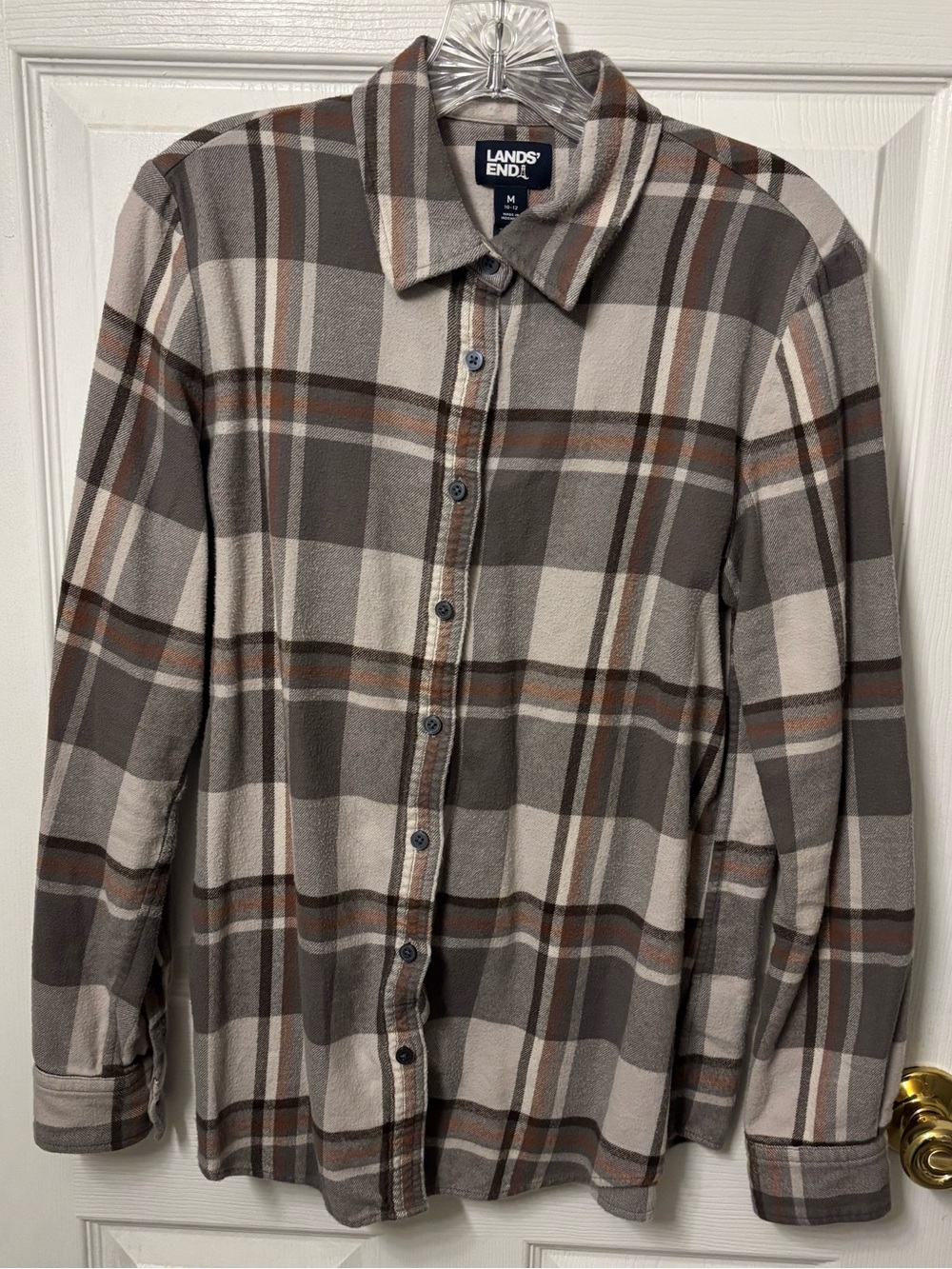 Lands' End Plaid Button-Up Jacket in Brown and Cream